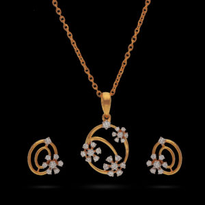 Floral Round Shape 18K Yellow Gold Pendant and Earrings Set with Diamonds (0.41 CT)