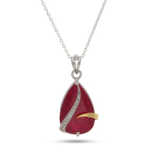 24 CT Red Ruby Gemstone Pear Shape, 925 Silver Pendant With CZ Diamonds
