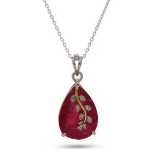 925 Sterling Silver Red Ruby Leaf Design Pear Shape Diamonds Pendant
