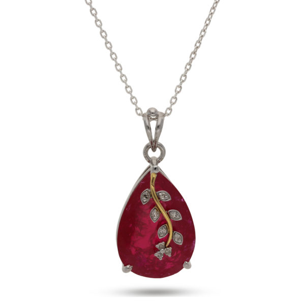 925 Sterling Silver Red Ruby Leaf Design Pear Shape Diamonds Pendant