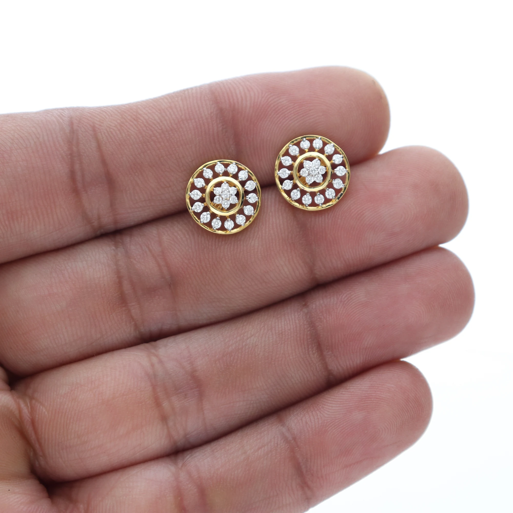 Round Floral Diamond Stud Earrings - Image 4