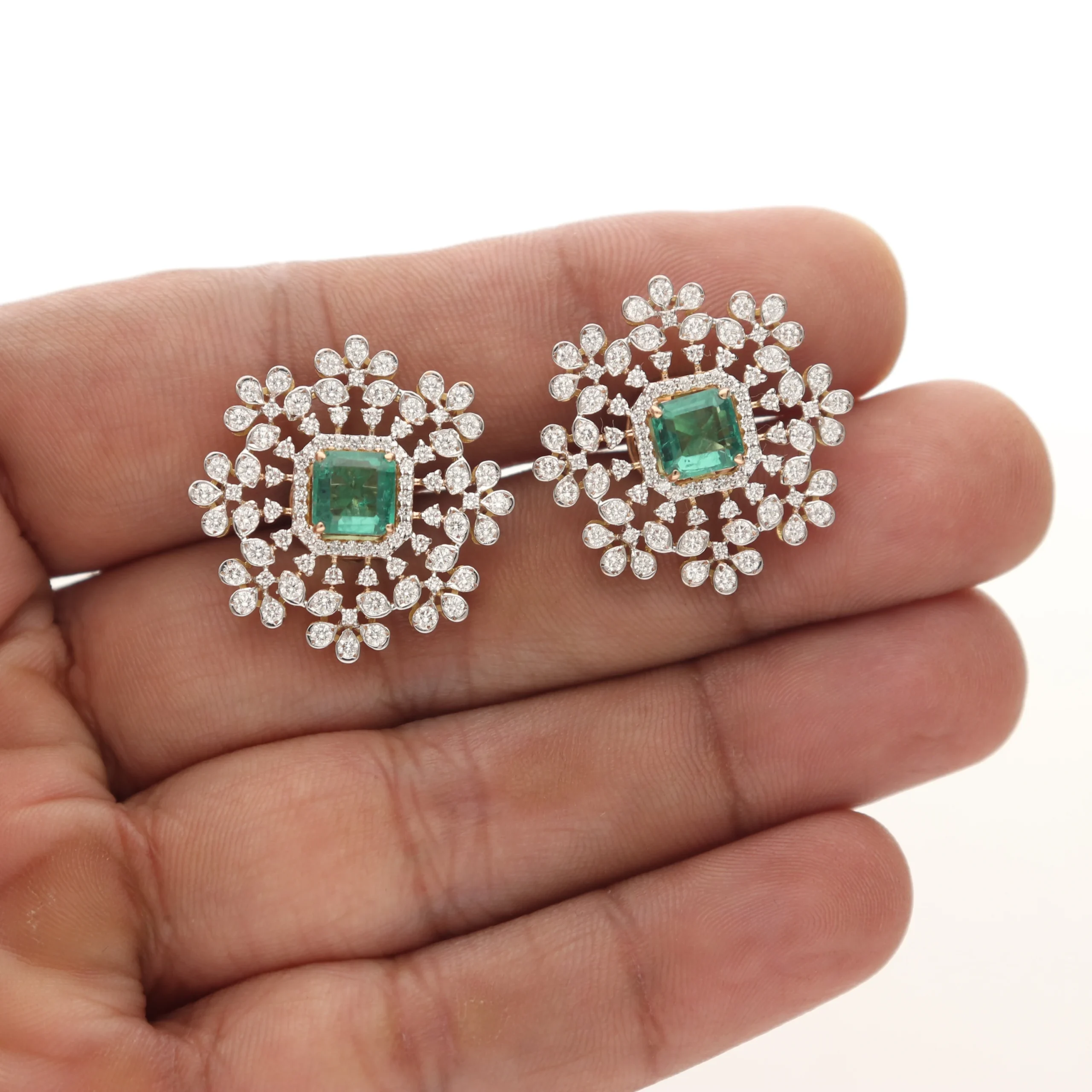Green Stone Floral Halo Diamond Earrings - Image 3
