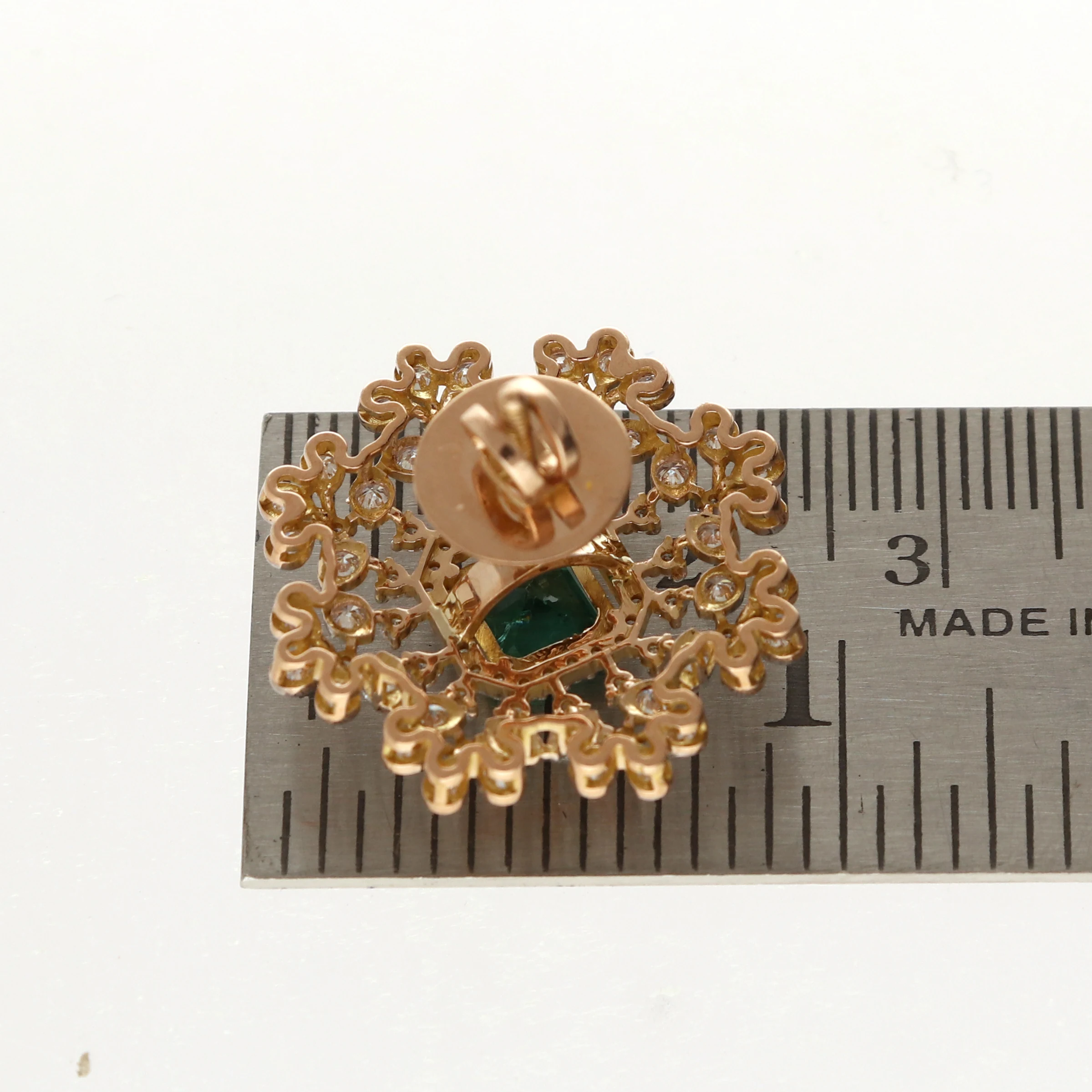 Green Stone Floral Halo Diamond Earrings - Image 4