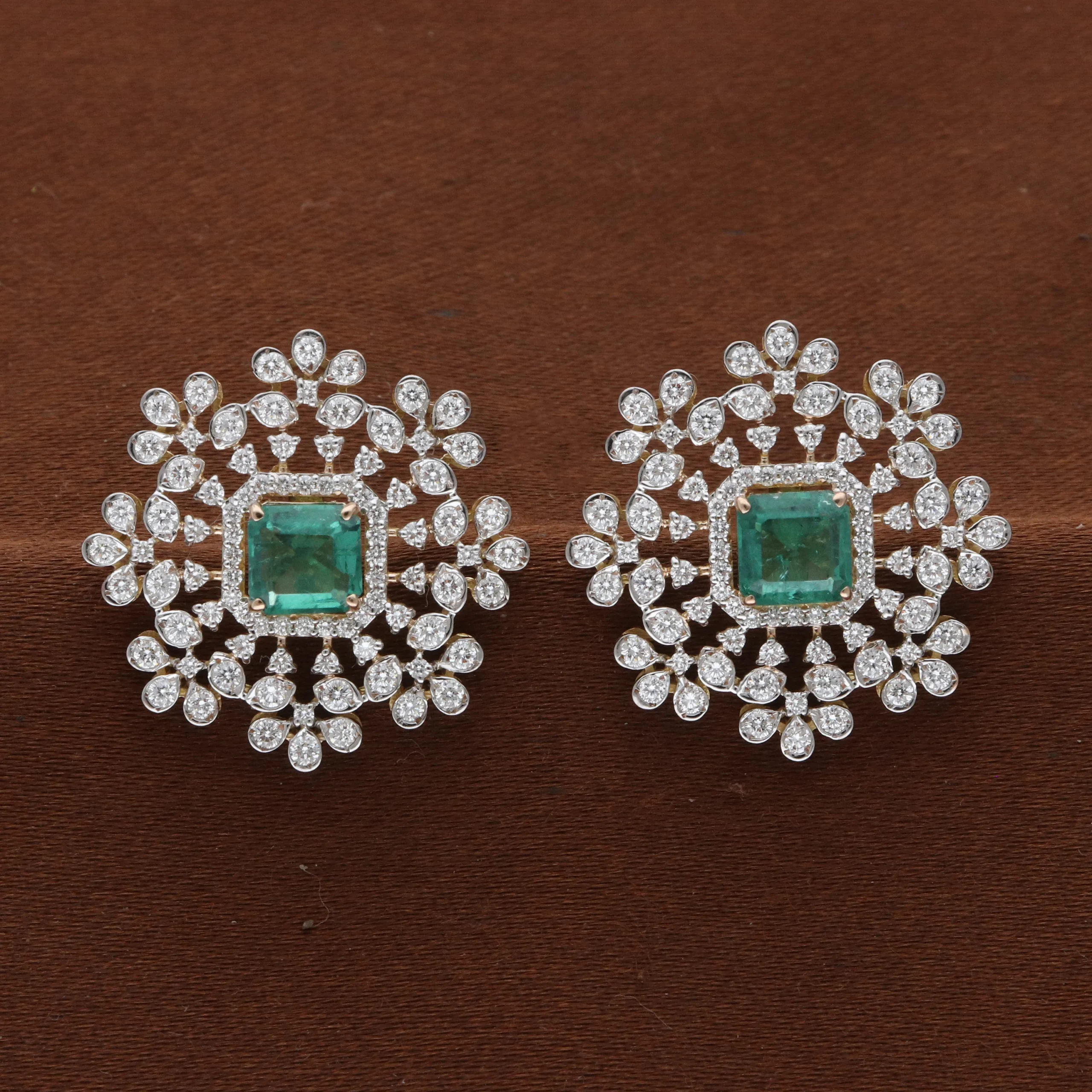 Green Stone Floral Halo Diamond Earrings | E96