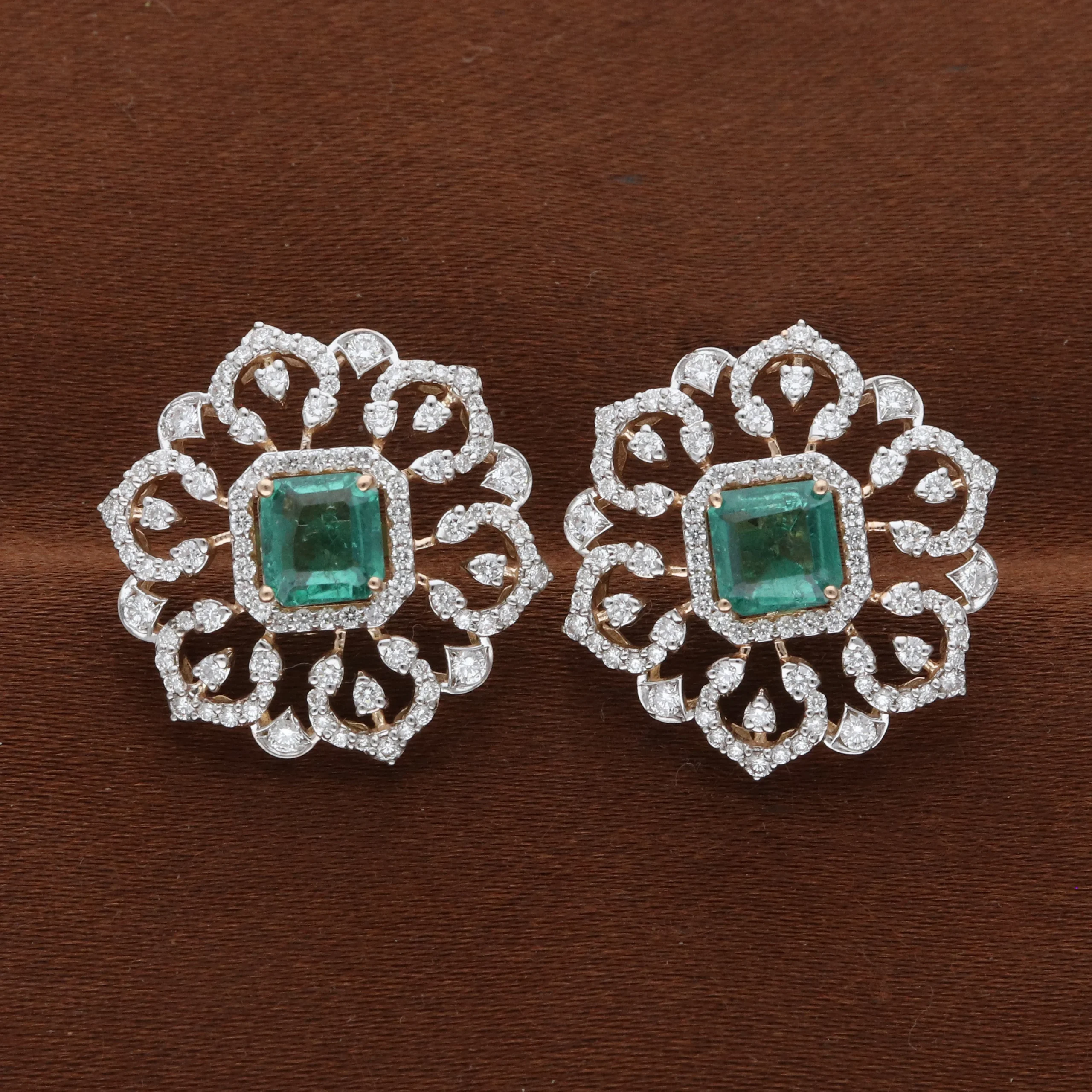 Emerald Halo Filigree Diamond Earrings | E97